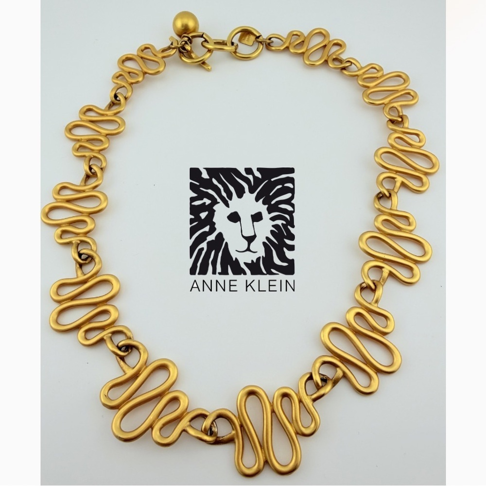 Vintage Anne Klein Abstract Squiggle Link Necklace - Matte Gold Tone - 73g